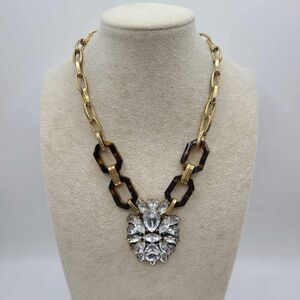 J Crew Stunning Tortoise Gold Tone Link Necklace with Large Crystal Cluster.